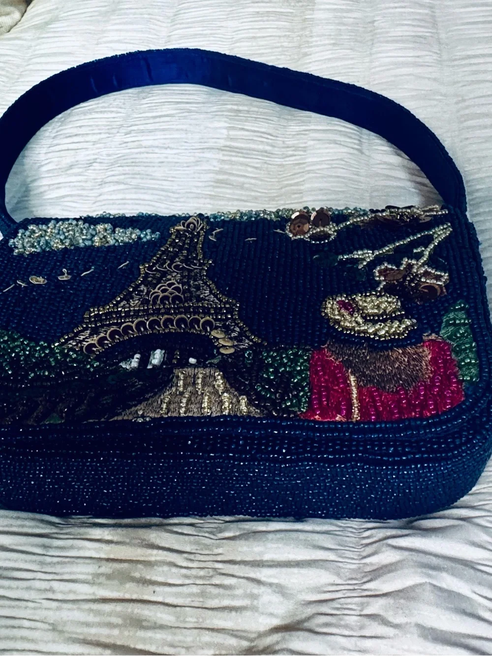 New Viral Paris Beaded Navy Bag with Paris Motif